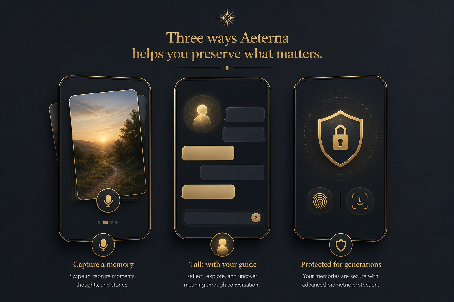 Aeterna Android features — capture, Johnny chat, biometric lock