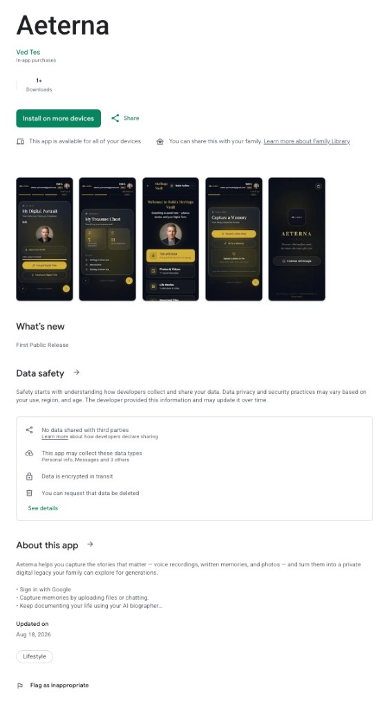 Aeterna on Google Play — Capture a Memory and Digital Twin screens from the live Android listing