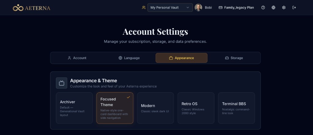 Account Settings → Appearance — choose Focused Theme, Archiver, Modern, and more