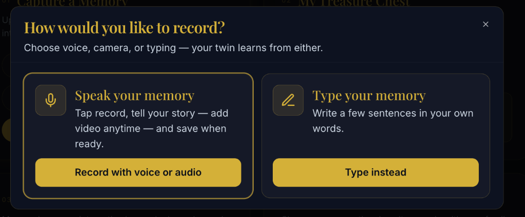 Step 2: Mode chooser — select Speak your memory, tap Record with voice or audio