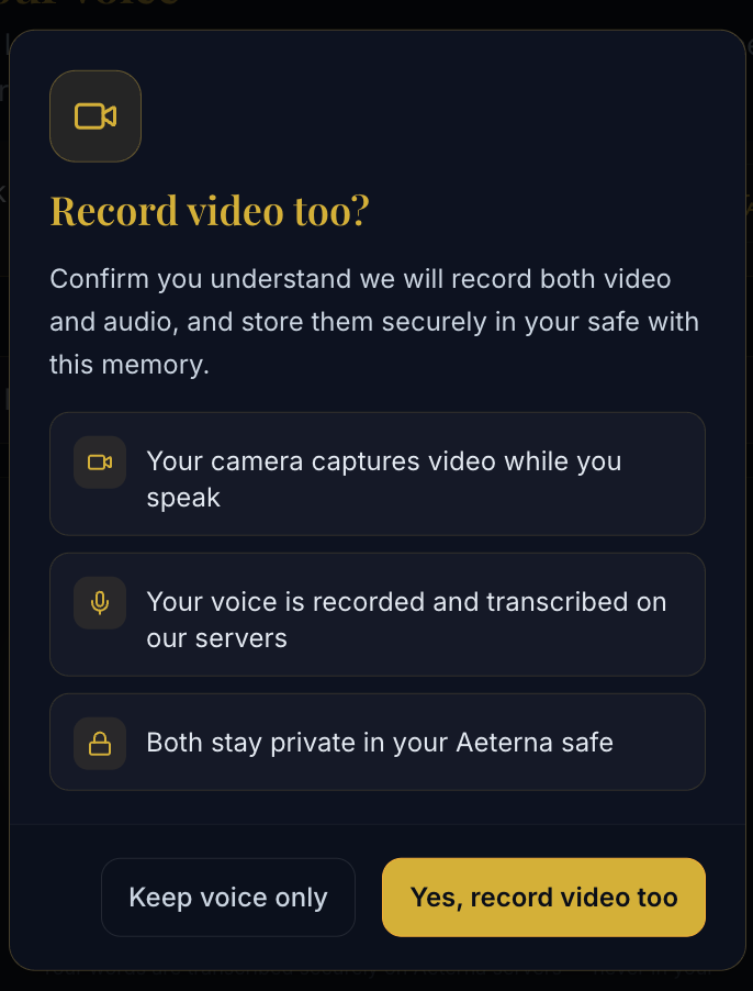 Step 4: Consent dialog — review the three terms, tap Yes, record video too