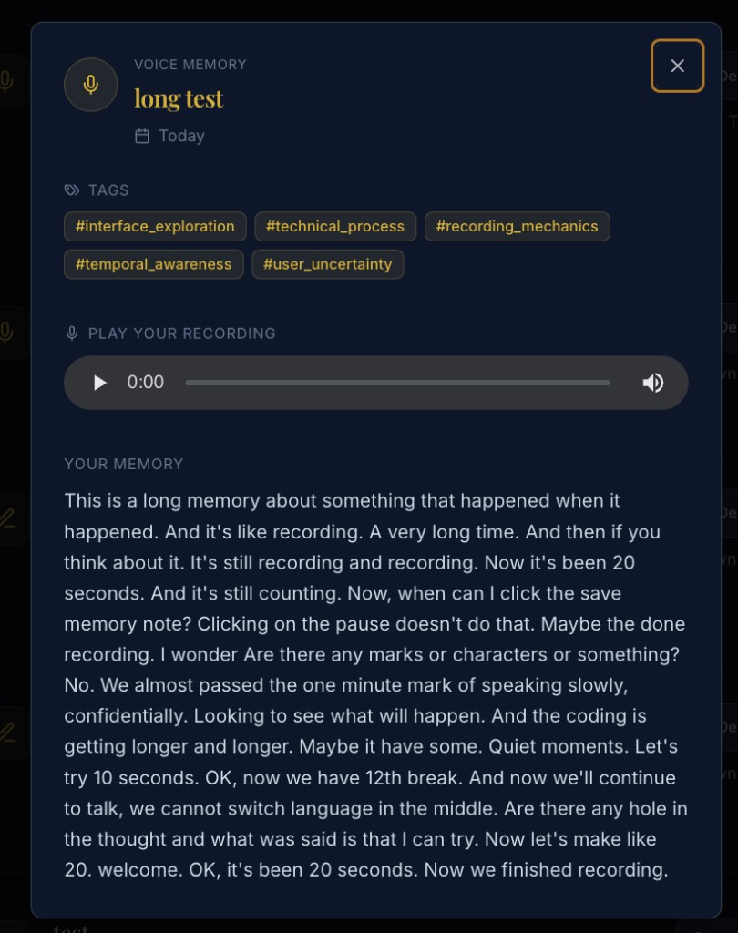 Step 6: Review screen — approve video playback, review AI transcript, tap Save Memory Note