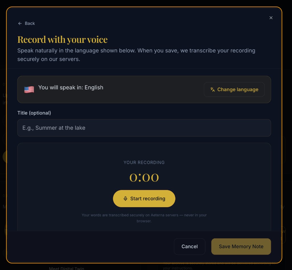 Voice recording screen with language picker