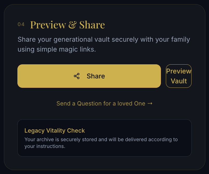 Preview and Share card with Send a Question for a loved One
